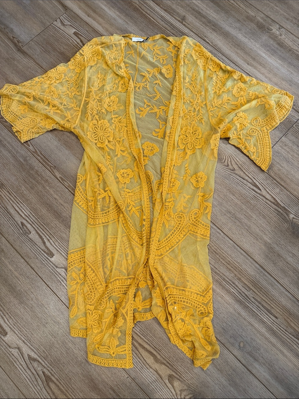 Lush Yellow Floral Lace Sheer Kimono Cover-Up - Picture 5 of 6